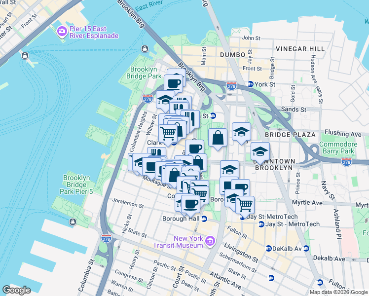 map of restaurants, bars, coffee shops, grocery stores, and more near 1 Monroe Place in Brooklyn