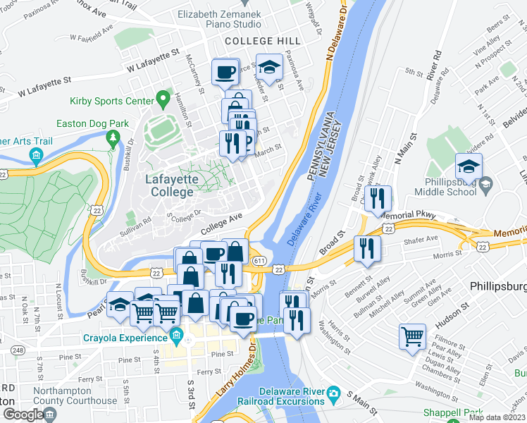 map of restaurants, bars, coffee shops, grocery stores, and more near 50 North Delaware Drive in Easton