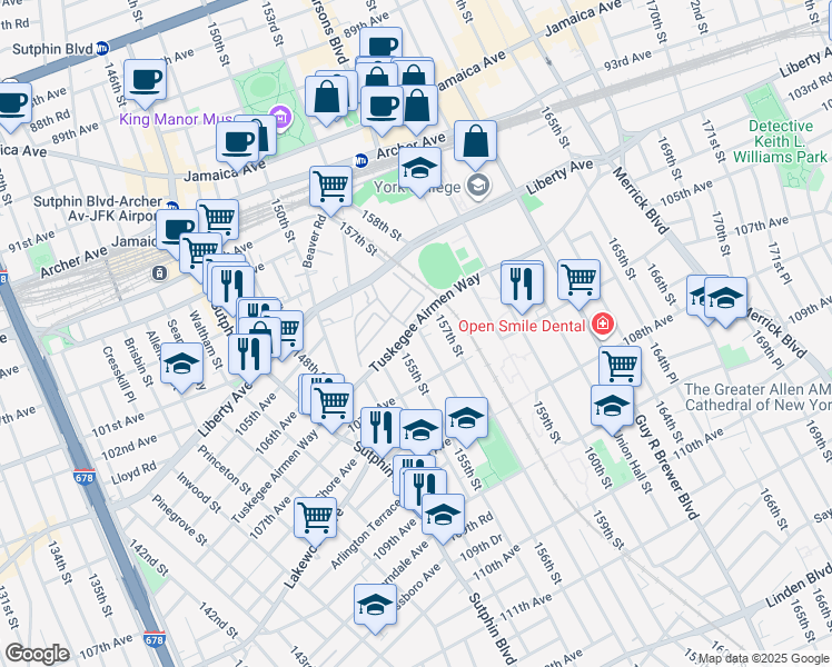map of restaurants, bars, coffee shops, grocery stores, and more near 106-15 155th Street in Queens