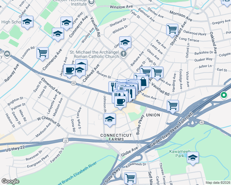map of restaurants, bars, coffee shops, grocery stores, and more near 975 Bonnel Court in Union