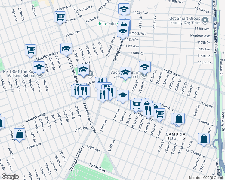 map of restaurants, bars, coffee shops, grocery stores, and more near 116-28 218th Street in Queens