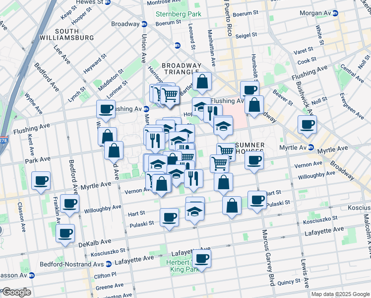 map of restaurants, bars, coffee shops, grocery stores, and more near Floyd Street in Brooklyn