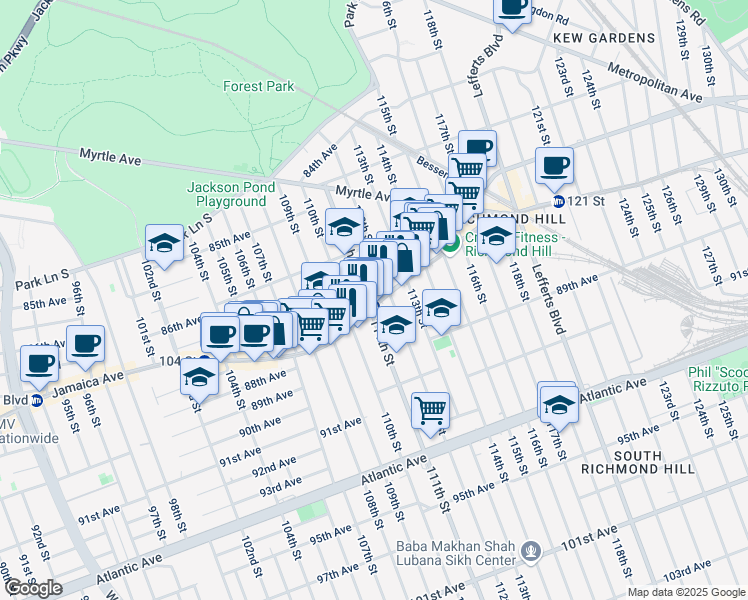 map of restaurants, bars, coffee shops, grocery stores, and more near 11014 Jamaica Avenue in Queens