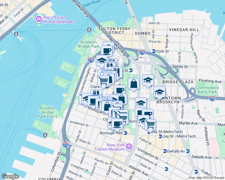 map of restaurants, bars, coffee shops, grocery stores, and more near 16 Monroe Place in Brooklyn