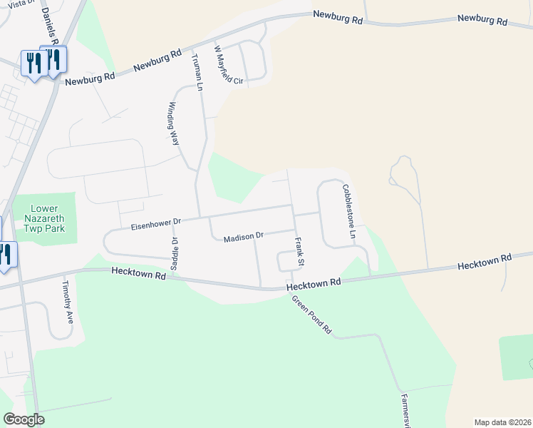 map of restaurants, bars, coffee shops, grocery stores, and more near 4203 Eisenhower Drive in Bethlehem