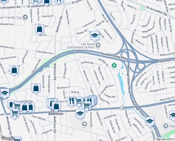 map of restaurants, bars, coffee shops, grocery stores, and more near 1040 Douglas Avenue in Wantagh