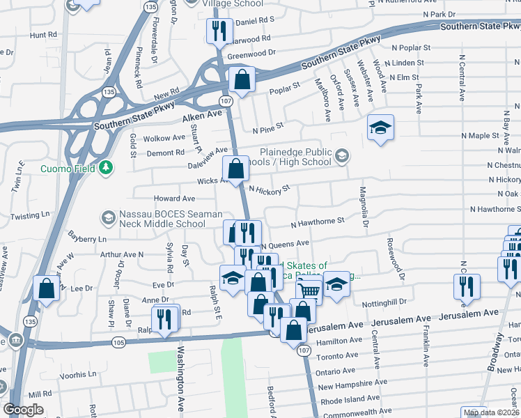 map of restaurants, bars, coffee shops, grocery stores, and more near 1100 New York 107 in Seaford