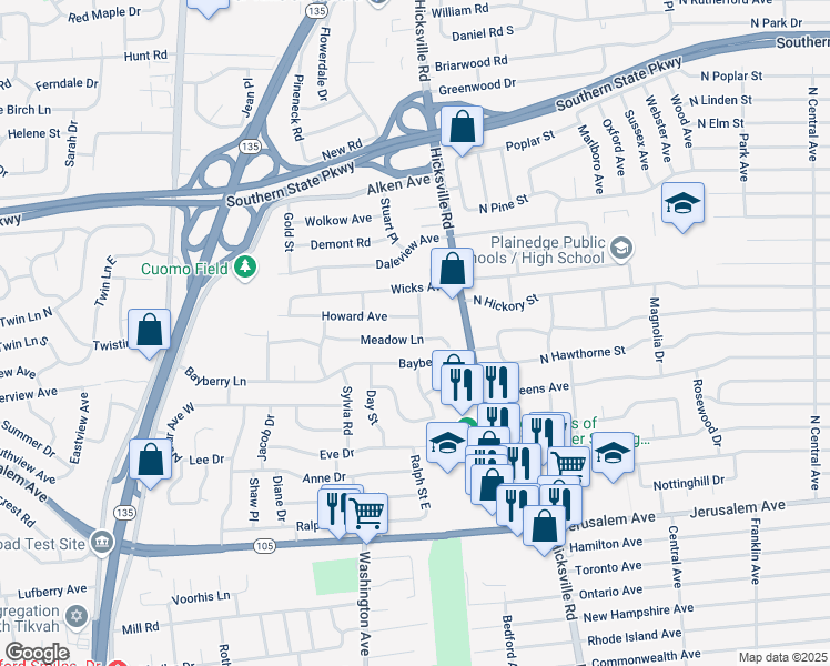 map of restaurants, bars, coffee shops, grocery stores, and more near 4079 Bayberry Lane in Seaford