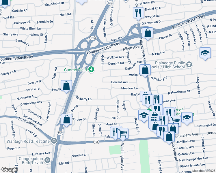 map of restaurants, bars, coffee shops, grocery stores, and more near 1140 Greenway Court in Seaford