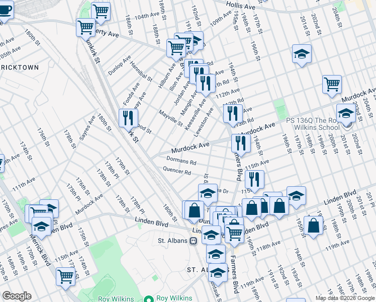 map of restaurants, bars, coffee shops, grocery stores, and more near 188-31 Dormans Road in Queens