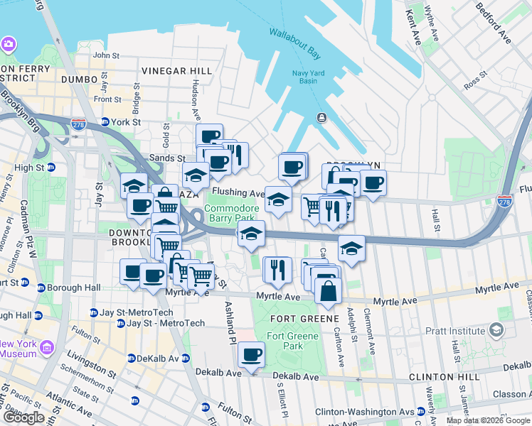 map of restaurants, bars, coffee shops, grocery stores, and more near 77 Park Avenue in Brooklyn