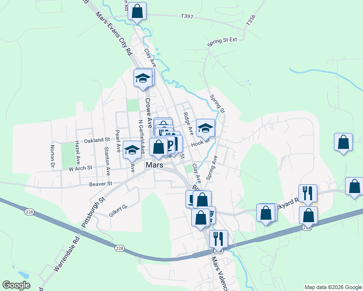 map of restaurants, bars, coffee shops, grocery stores, and more near 205 West School Street in Mars