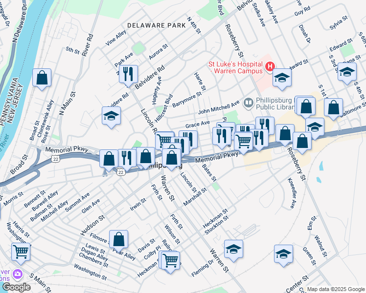 map of restaurants, bars, coffee shops, grocery stores, and more near 209 Prospect Avenue in Phillipsburg