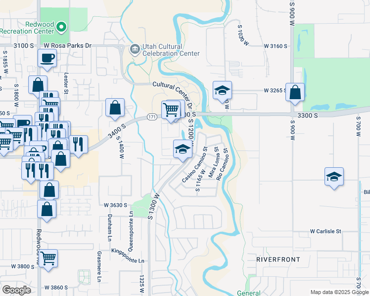 map of restaurants, bars, coffee shops, grocery stores, and more near 3478 Cozy River Place in West Valley City