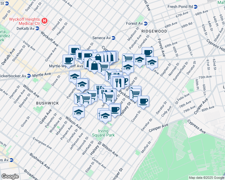 map of restaurants, bars, coffee shops, grocery stores, and more near 1513 Jefferson Avenue in Brooklyn