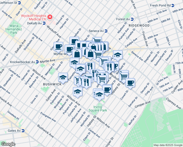 map of restaurants, bars, coffee shops, grocery stores, and more near 429 Irving Avenue in Brooklyn