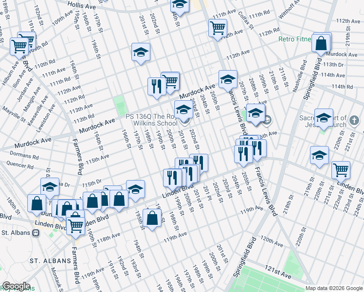 map of restaurants, bars, coffee shops, grocery stores, and more near 115-36 201st Street in Queens