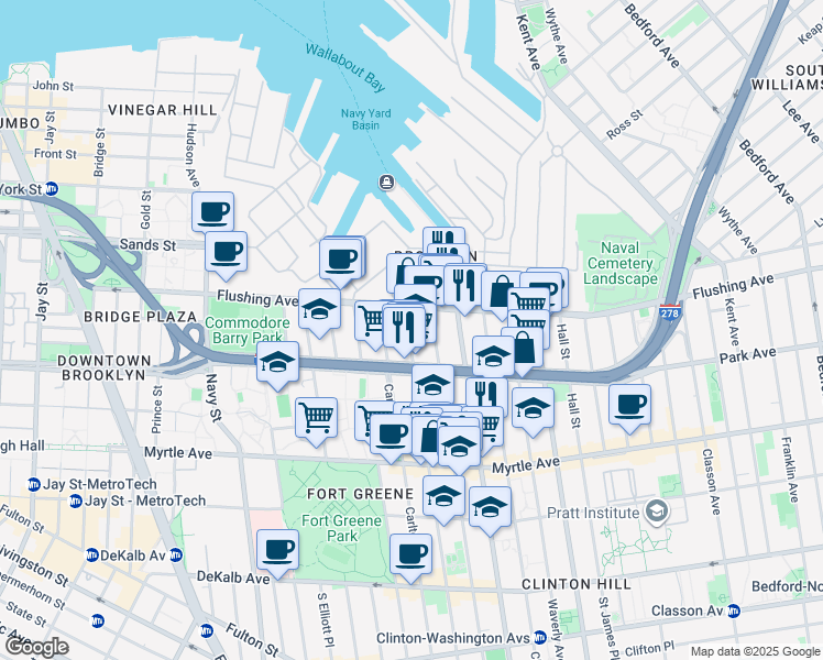 map of restaurants, bars, coffee shops, grocery stores, and more near 50 Adelphi Street in Brooklyn