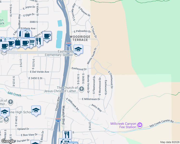 map of restaurants, bars, coffee shops, grocery stores, and more near 3444 South 3685 East in Salt Lake City