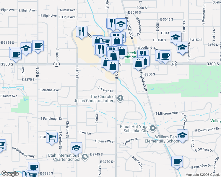 map of restaurants, bars, coffee shops, grocery stores, and more near 1267 East Lorraine Drive in Millcreek