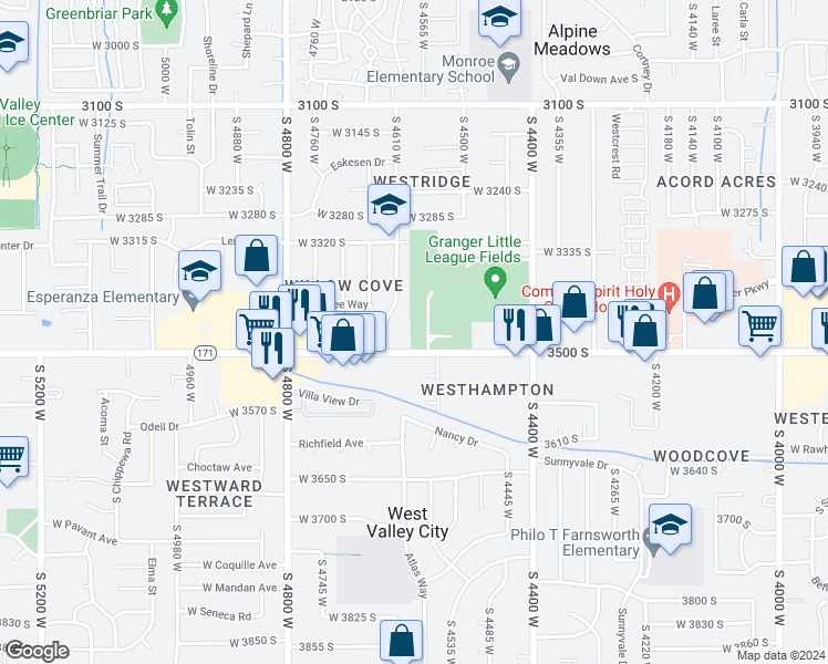 map of restaurants, bars, coffee shops, grocery stores, and more near 4585 West 3500 South in West Valley City