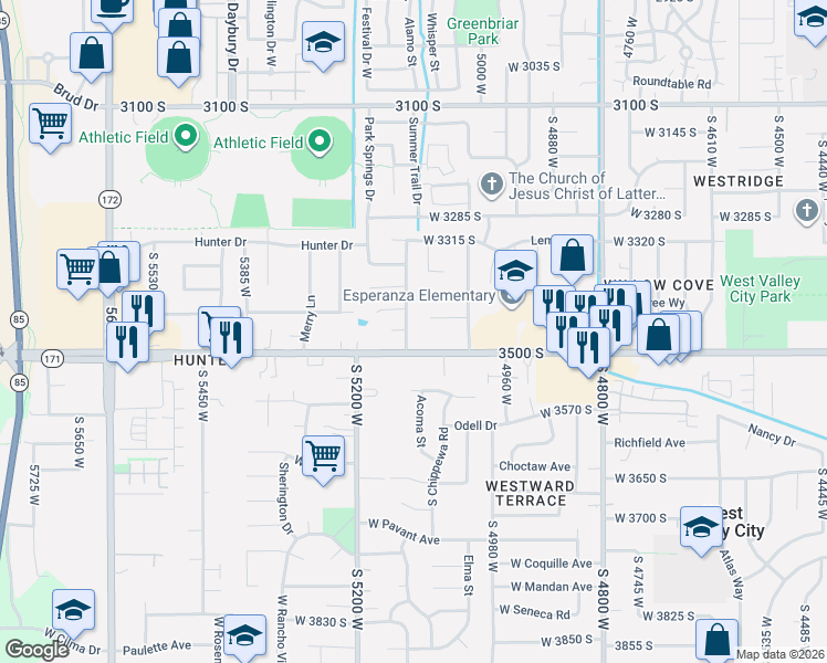map of restaurants, bars, coffee shops, grocery stores, and more near 5087 West 3500 South in West Valley City