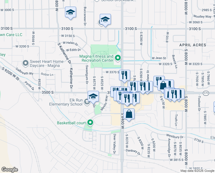 map of restaurants, bars, coffee shops, grocery stores, and more near 8464 West 3500 South in Magna