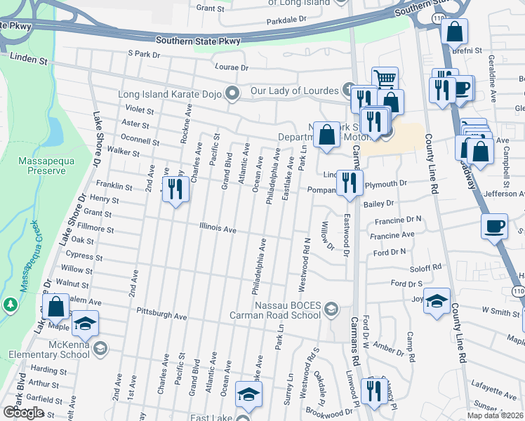 map of restaurants, bars, coffee shops, grocery stores, and more near 409 Philadelphia Avenue in Massapequa Park