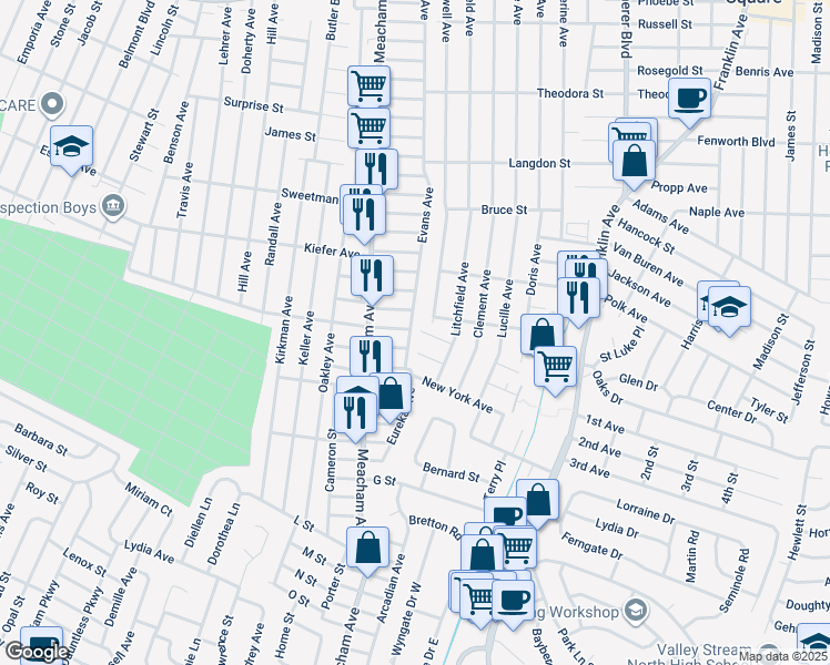 map of restaurants, bars, coffee shops, grocery stores, and more near 1293 Clarke Street in Elmont