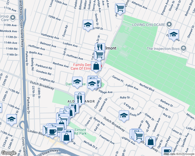 map of restaurants, bars, coffee shops, grocery stores, and more near 18 Village Avenue in Elmont