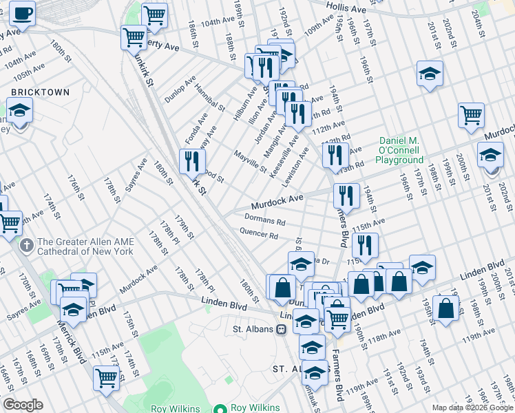 map of restaurants, bars, coffee shops, grocery stores, and more near 186-52 Dormans Road in Queens