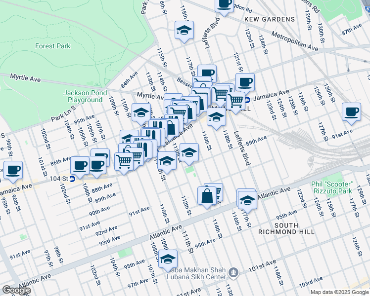 map of restaurants, bars, coffee shops, grocery stores, and more near 87-55 113th Street in Queens