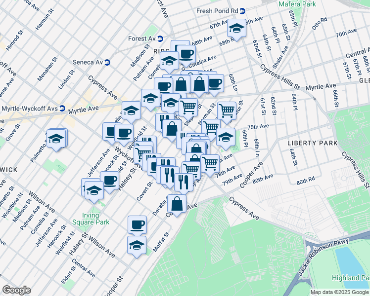 map of restaurants, bars, coffee shops, grocery stores, and more near 10-76 Cypress Avenue in Queens