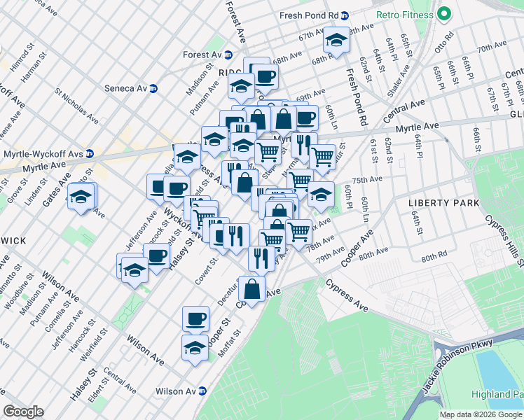 map of restaurants, bars, coffee shops, grocery stores, and more near 10-76 Cypress Avenue in Queens
