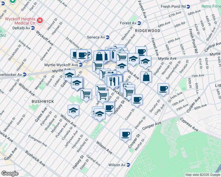 map of restaurants, bars, coffee shops, grocery stores, and more near 919 Wyckoff Avenue in Queens