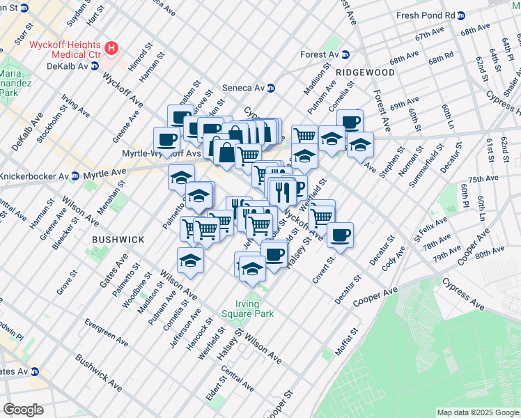 map of restaurants, bars, coffee shops, grocery stores, and more near 1484 Jefferson Avenue in Brooklyn
