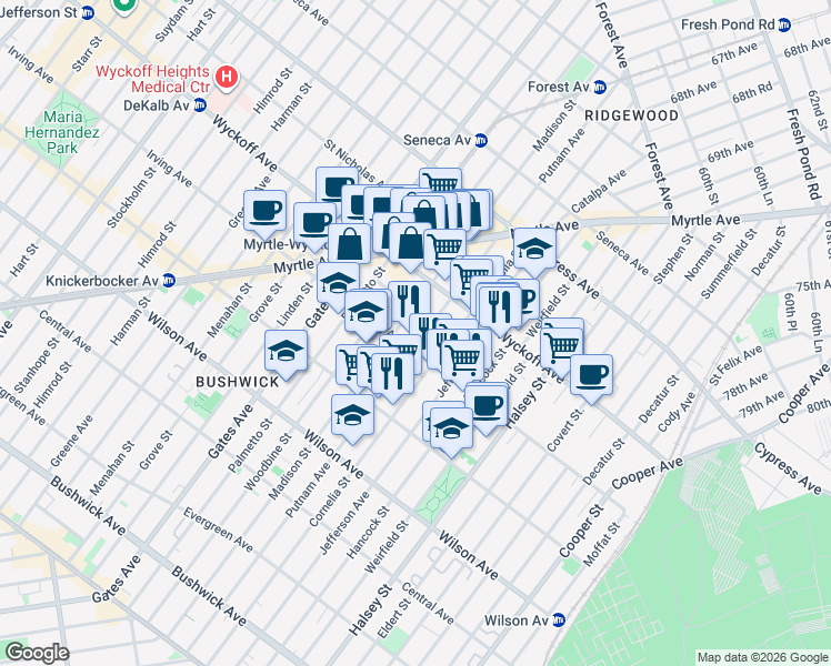 map of restaurants, bars, coffee shops, grocery stores, and more near 429 Irving Avenue in Brooklyn