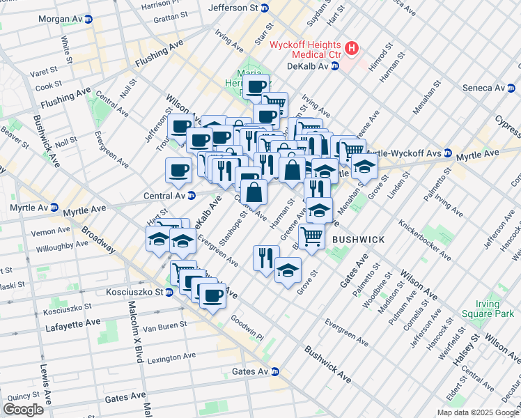 map of restaurants, bars, coffee shops, grocery stores, and more near 112 Himrod Street in Brooklyn