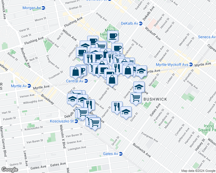 map of restaurants, bars, coffee shops, grocery stores, and more near 80 Stanhope Street in Brooklyn