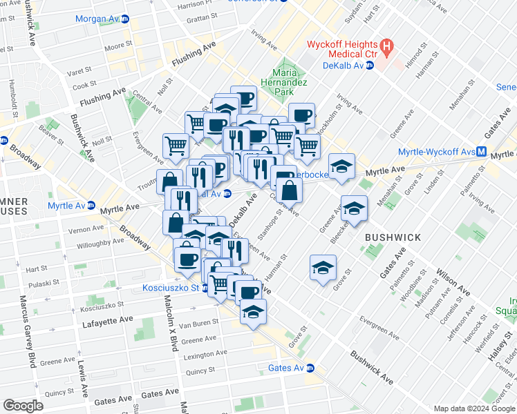 map of restaurants, bars, coffee shops, grocery stores, and more near 57 Stockholm Street in Brooklyn