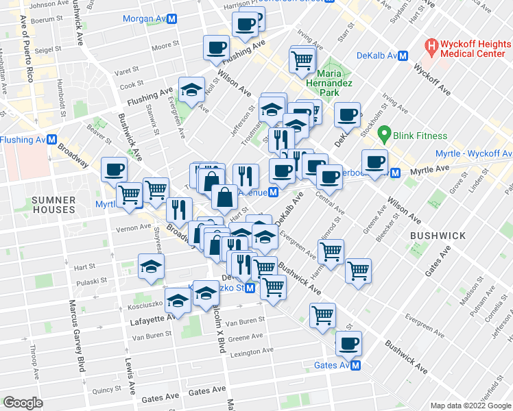 map of restaurants, bars, coffee shops, grocery stores, and more near 25 Cedar Street in Brooklyn