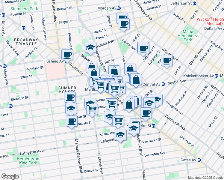 map of restaurants, bars, coffee shops, grocery stores, and more near 6 Stuyvesant Avenue in Brooklyn
