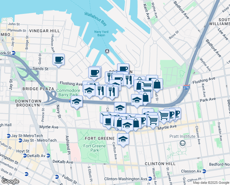 map of restaurants, bars, coffee shops, grocery stores, and more near 50 Adelphi Street in Brooklyn