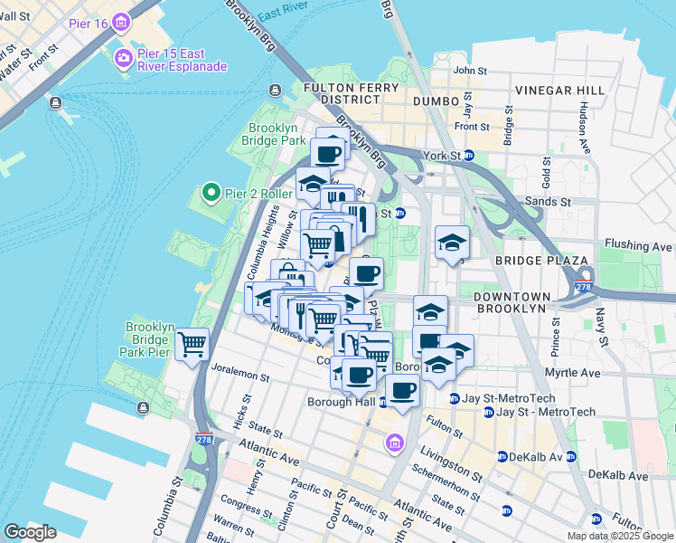map of restaurants, bars, coffee shops, grocery stores, and more near 138 Henry Street in Brooklyn