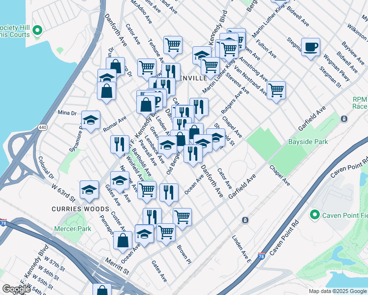 map of restaurants, bars, coffee shops, grocery stores, and more near 150 Linden Avenue in Jersey City
