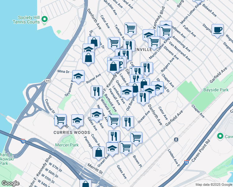 map of restaurants, bars, coffee shops, grocery stores, and more near 202 Pearsall Avenue in Jersey City