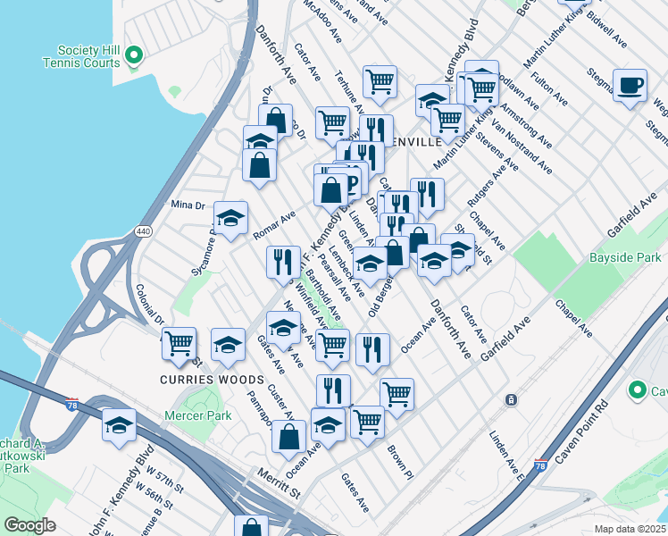map of restaurants, bars, coffee shops, grocery stores, and more near 202 Pearsall Avenue in Jersey City