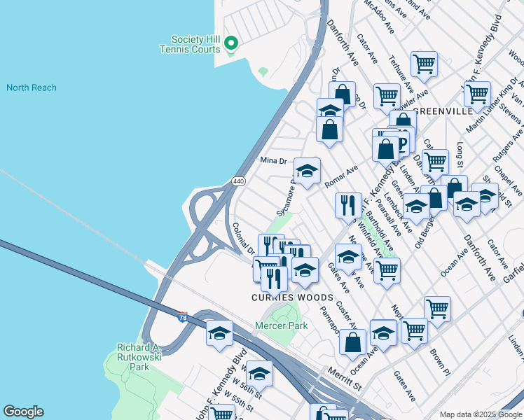 map of restaurants, bars, coffee shops, grocery stores, and more near 1 Crossgate Road in Jersey City