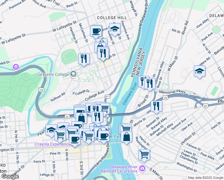 map of restaurants, bars, coffee shops, grocery stores, and more near 41-43 North Delaware Drive in Easton