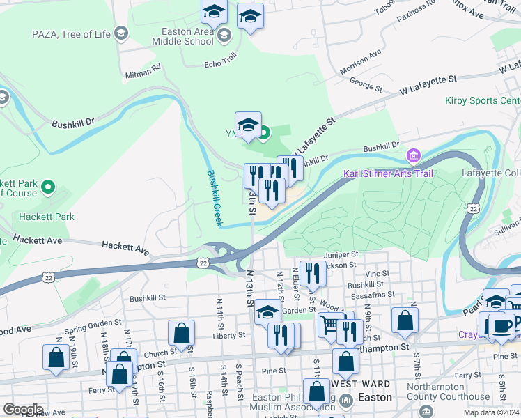 map of restaurants, bars, coffee shops, grocery stores, and more near 641 North 13th Street in Easton